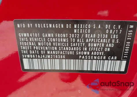 2018 Volkswagen Jetta 1.4T Se/1.4T Wolfsburg Edition z USA, uszkodzony, nr VIN 3VWB67AJ4JM216386